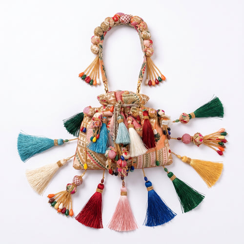 Colorful handbag with tassels on a white background