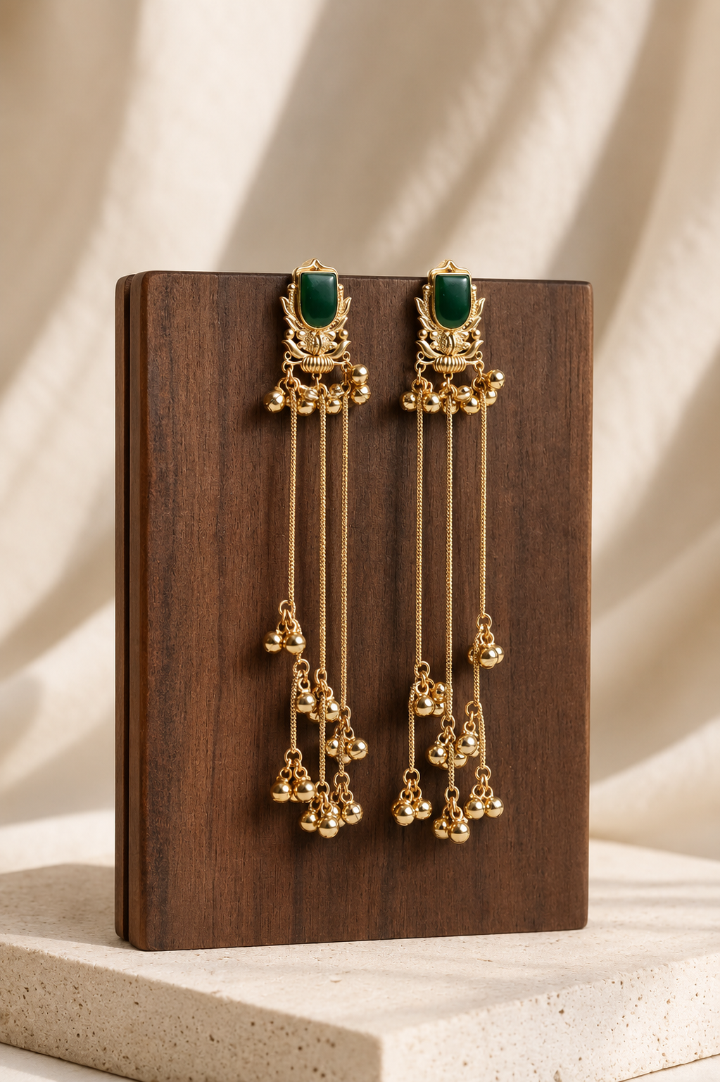 Gold Tassel Earrings with Stone Top