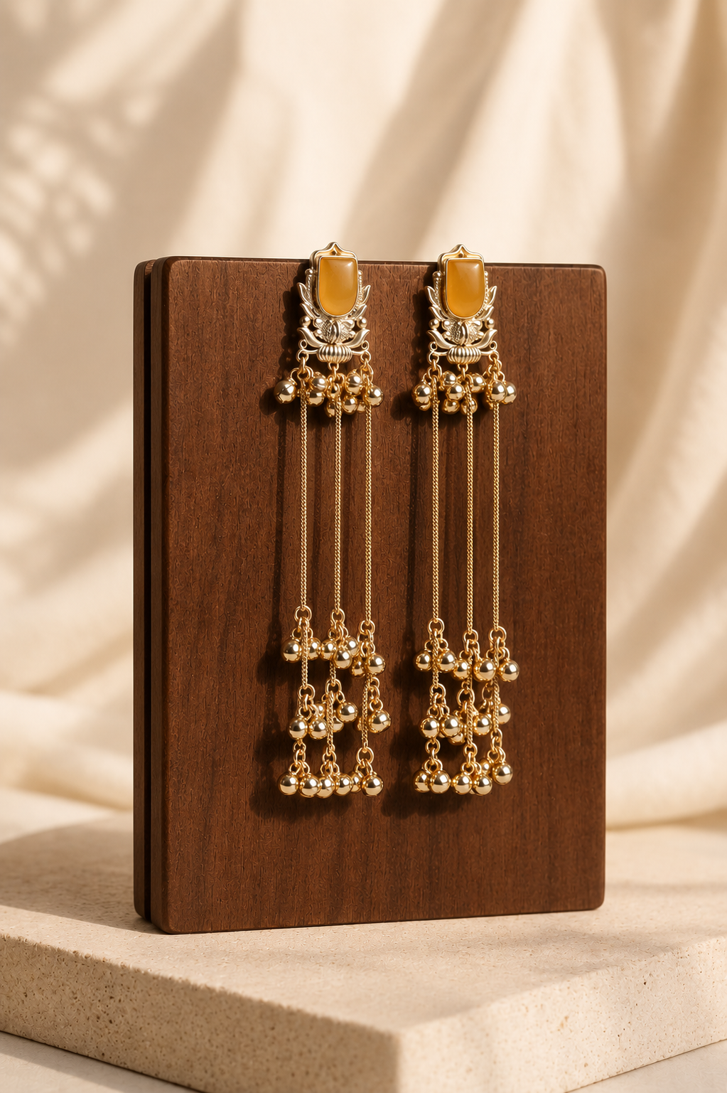 Gold Tassel Earrings with Stone Top