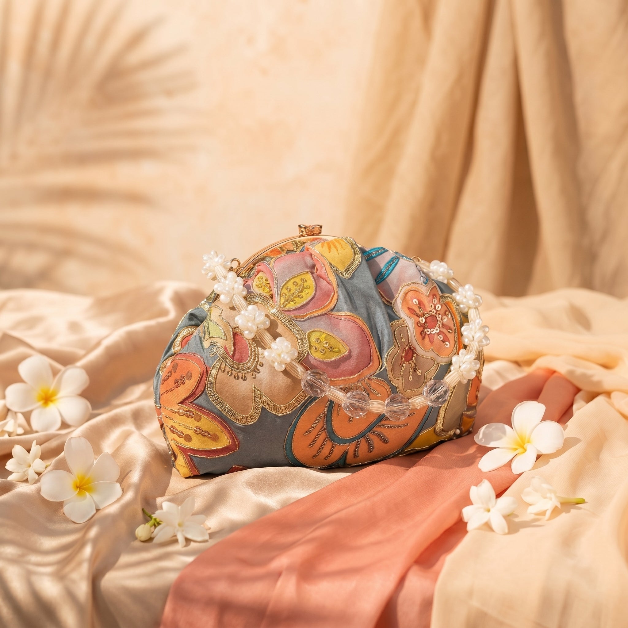 Colorful floral-patterned clutch bag on a soft fabric background with flowers.