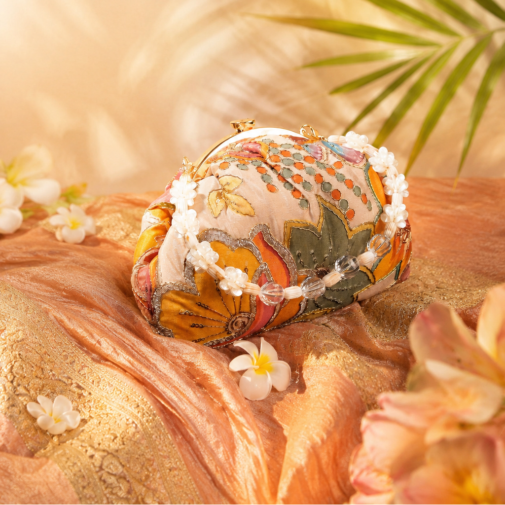 Decorative item with floral patterns on a textured surface with flowers and leaves.