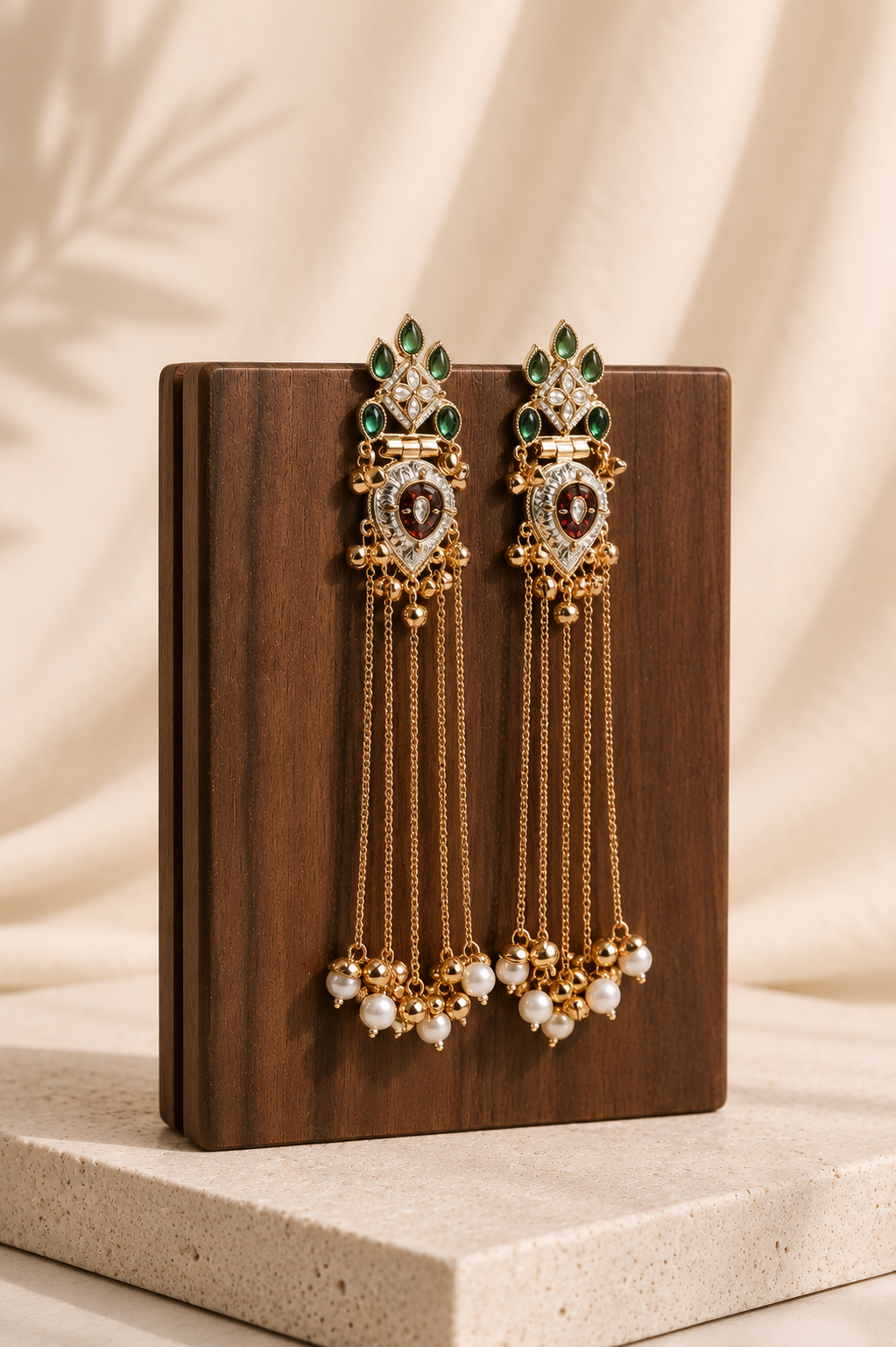 Maharani Earrings with green stones and pearl drops