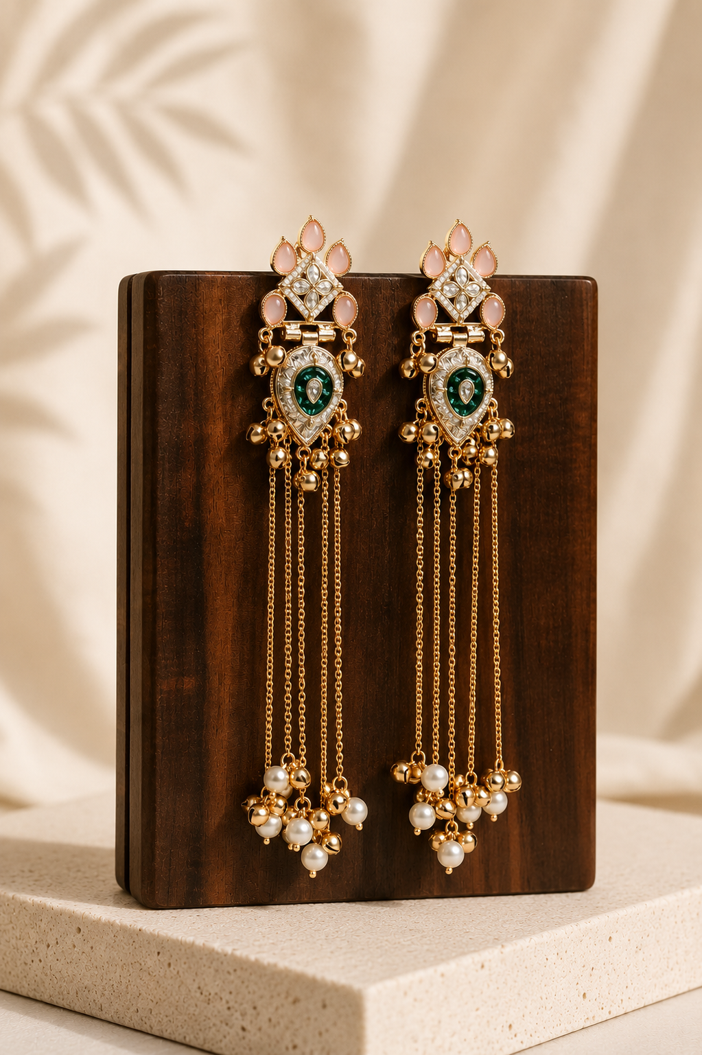 Maharani Earrings with light pink stones and pearl drops