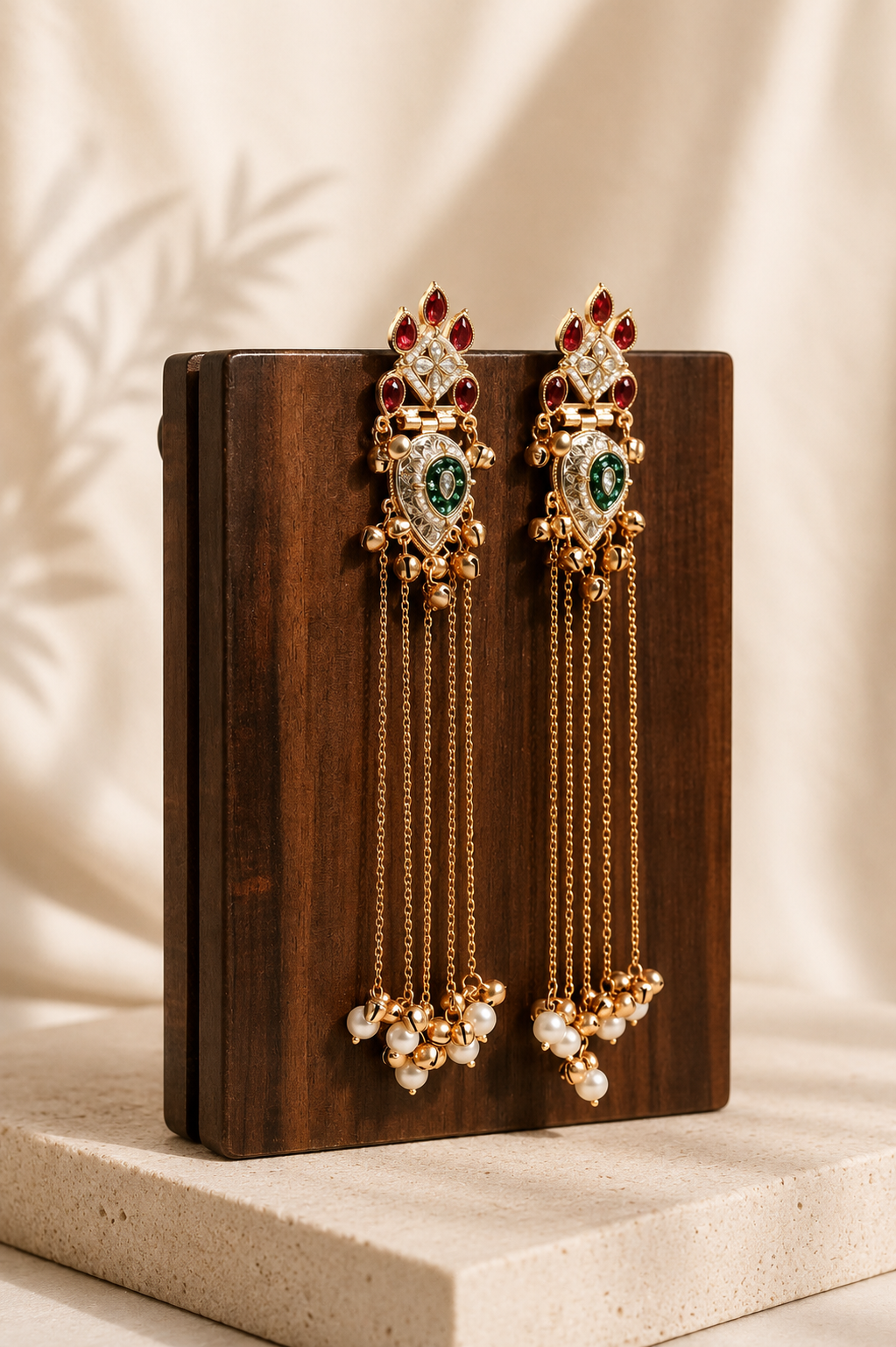 Maharani Earrings with red stones and pearl drops
