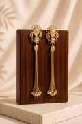 Mayura Earrings — gold filigree tassel earrings with yellow stone drops and pearl cluster