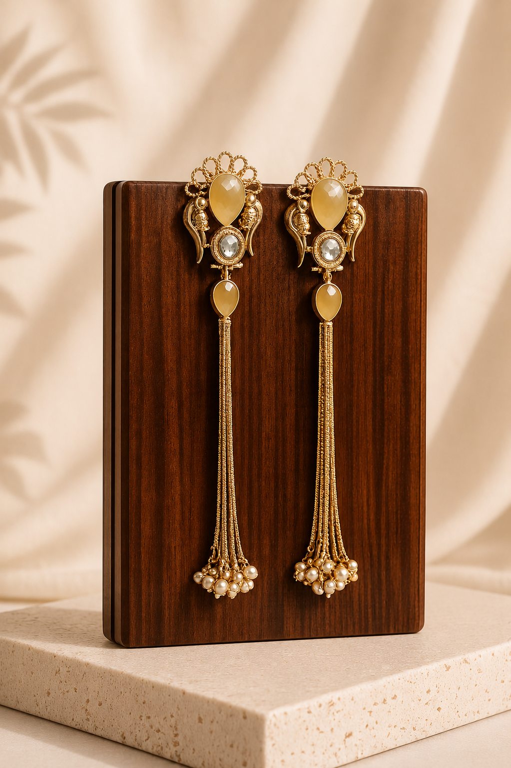 Mayura Earrings — gold filigree tassel earrings with yellow stone drops and pearl cluster