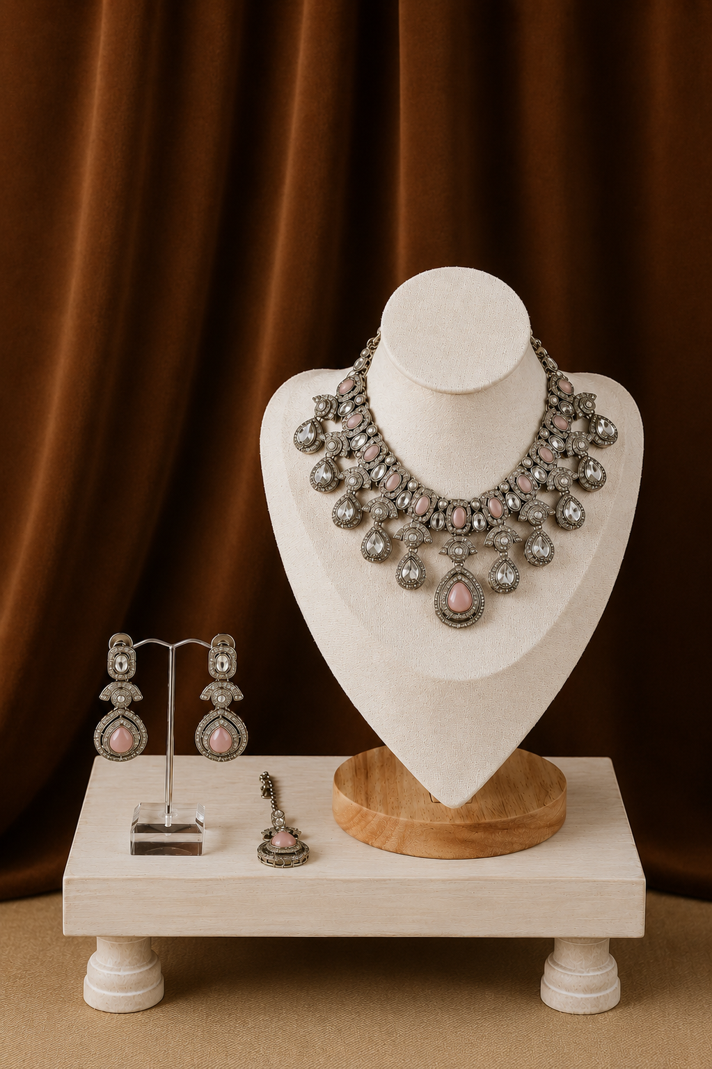Necklace on a mannequin bust and earrings on a stand against a brown curtain background