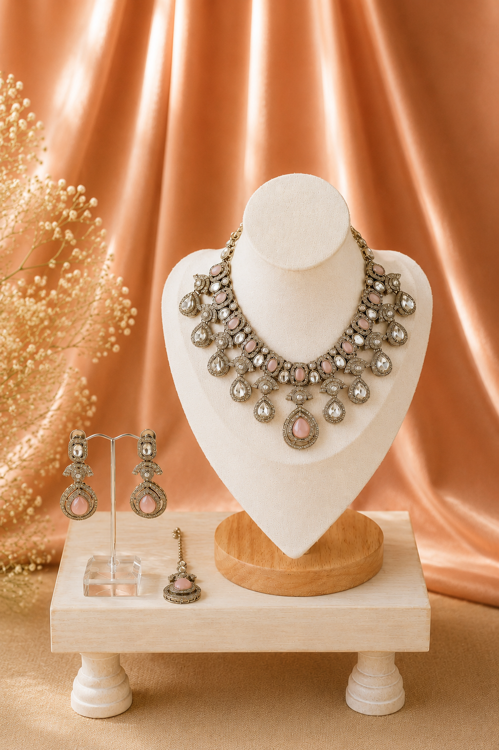 The Rani Gulab 3-Piece Jewellery Set – Blush Pink Tikka, Earrings & Necklace