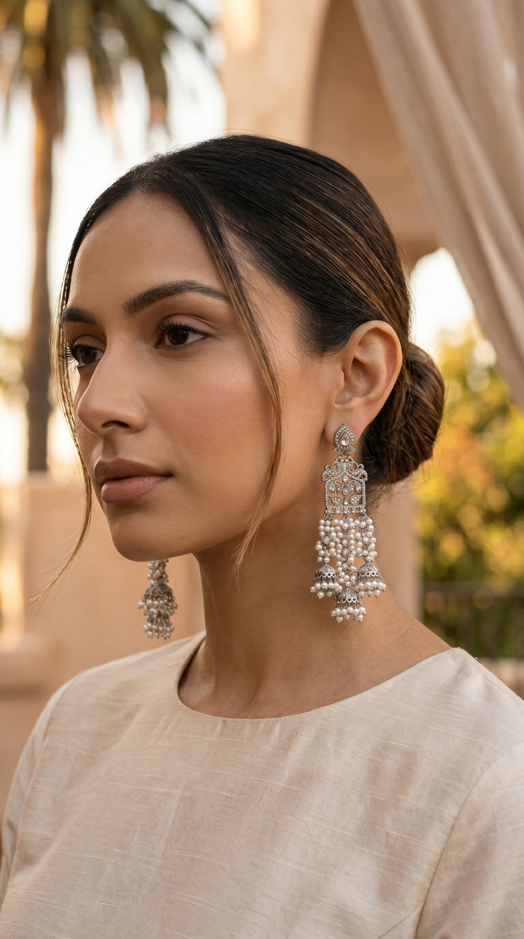 Rumi chandelier earrings — kundan latticework with pearl cascades and jhumka drop by Sama Heritage