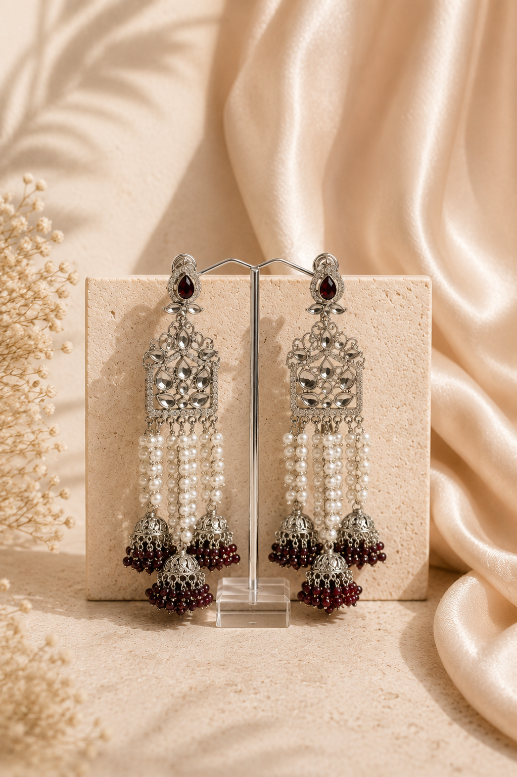 Rumi earrings in Deep Purple — kundan chandelier with pearl strands and deep purple bead jhumka drop by Sama Heritage