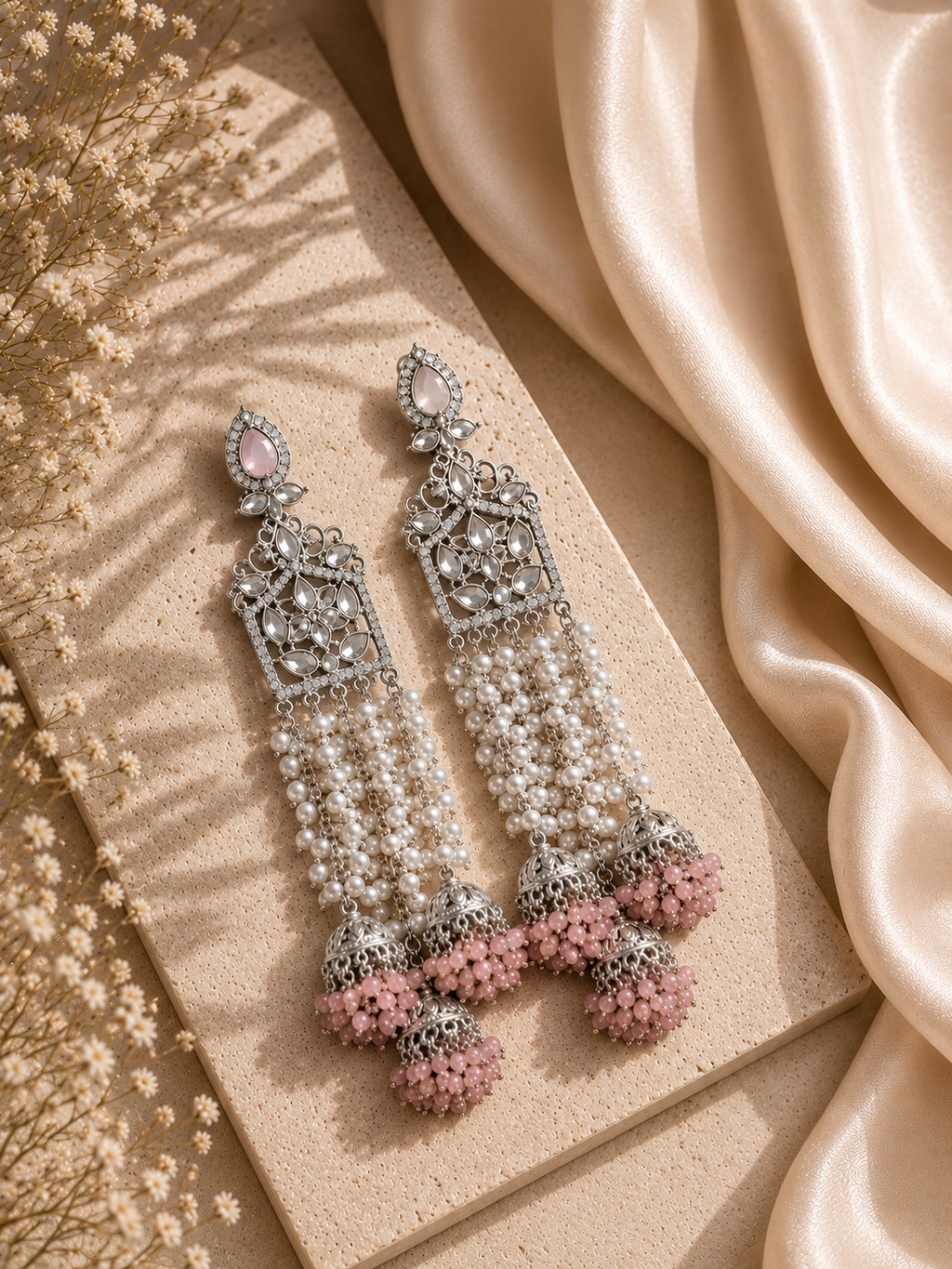 Rumi earrings in Pink — kundan chandelier with pearl strands and pink bead jhumka drop by Sama Heritage