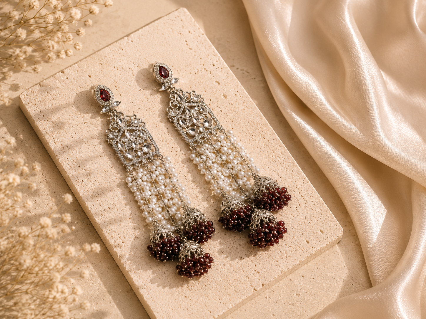 Rumi earrings in Red — kundan chandelier with pearl strands and red bead jhumka drop by Sama Heritage