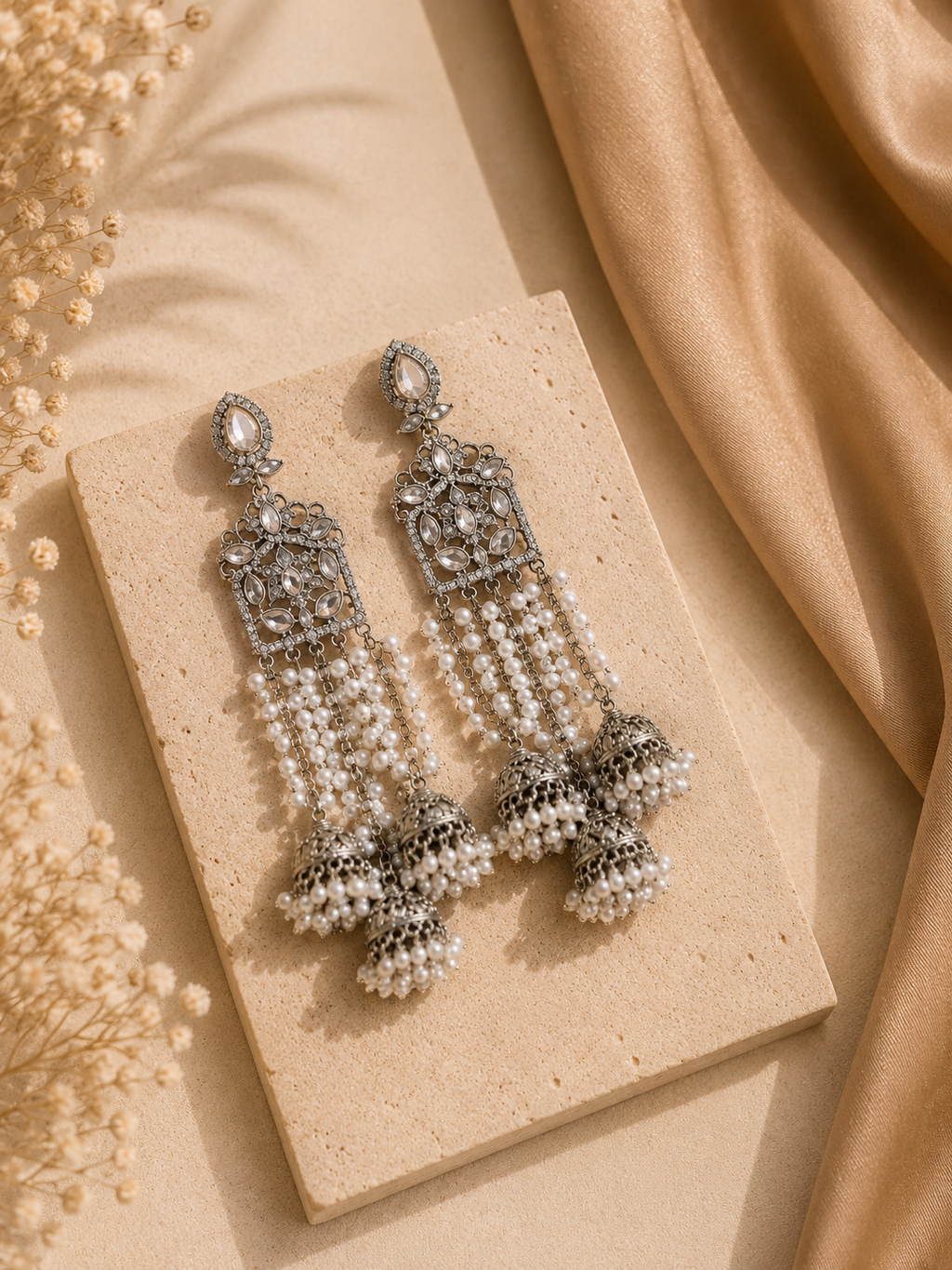 Rumi earrings in White — kundan chandelier with pearl strands and white bead jhumka drop by Sama Heritage