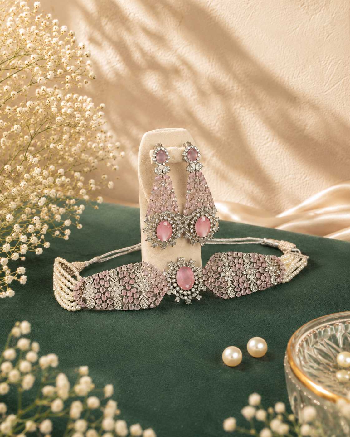 Shahi Gulabi Choker – Pink Stone & Pearl Choker Necklace with Earrings