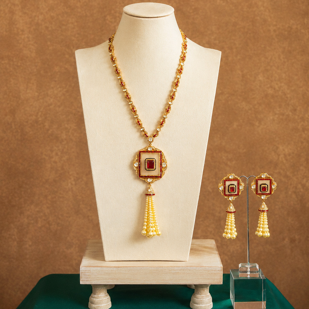 Gold necklace and earrings on a mannequin bust against a brown background