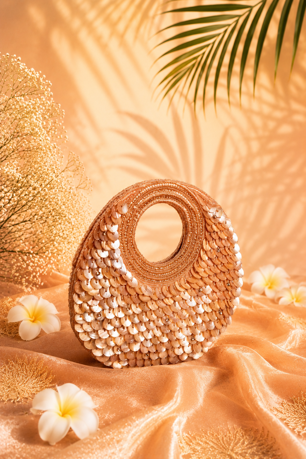 Round woven object with sequins on a peach-colored fabric background with flowers and leaves.